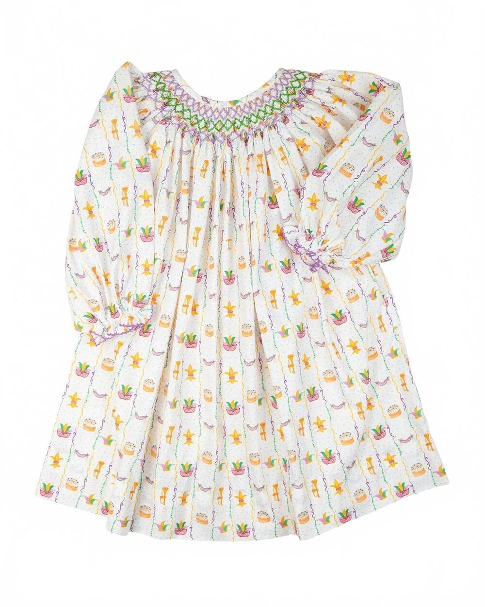 NEW SMOCKINGBIRD girls mardi gras smocked dress in white